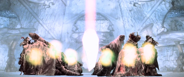 Robed alien figures, pulsing with energy, surround a glowing crystal